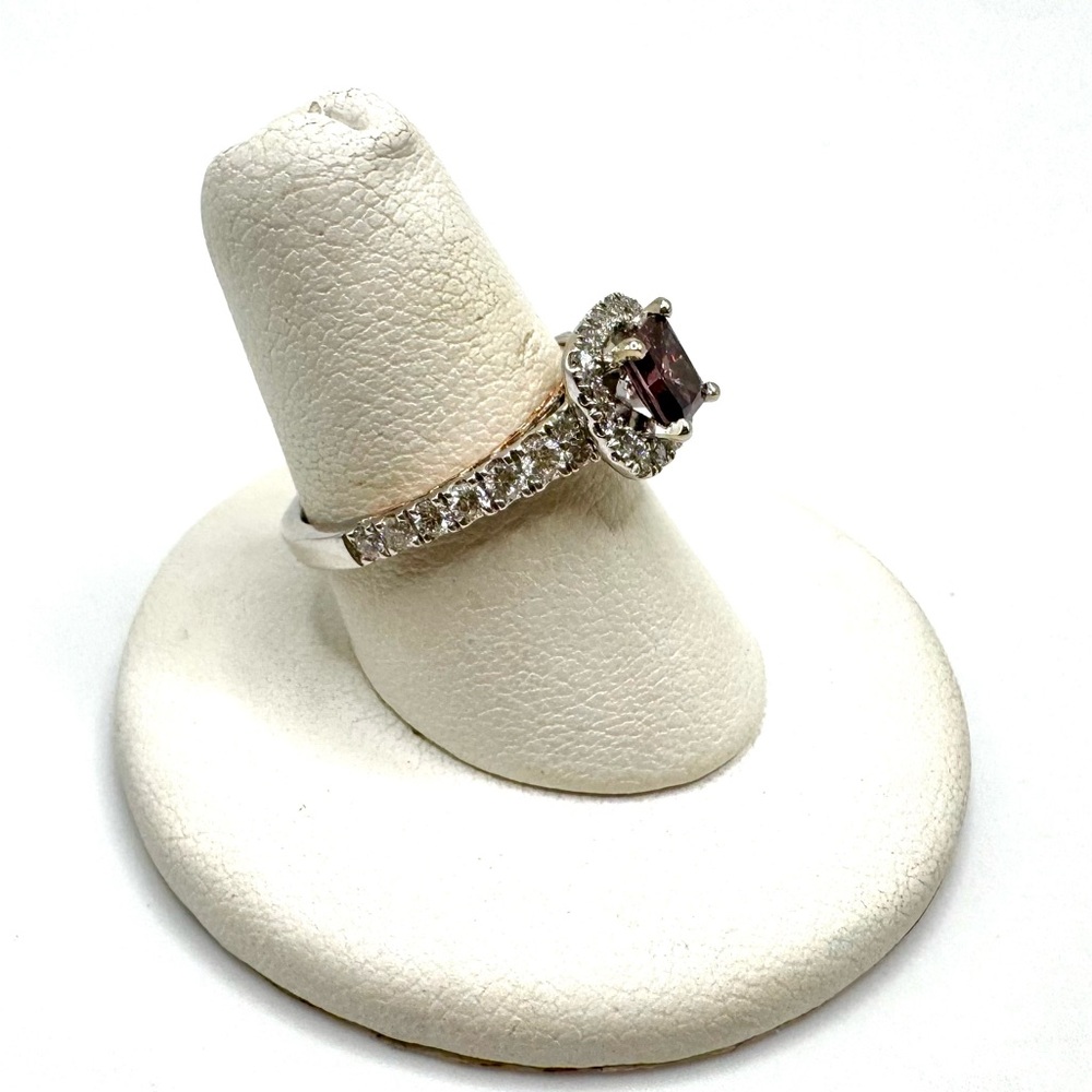 14k Two Tone White and Rose Gold Halo Style Purple Diamond Engagement Ring - Picture 3 of 5